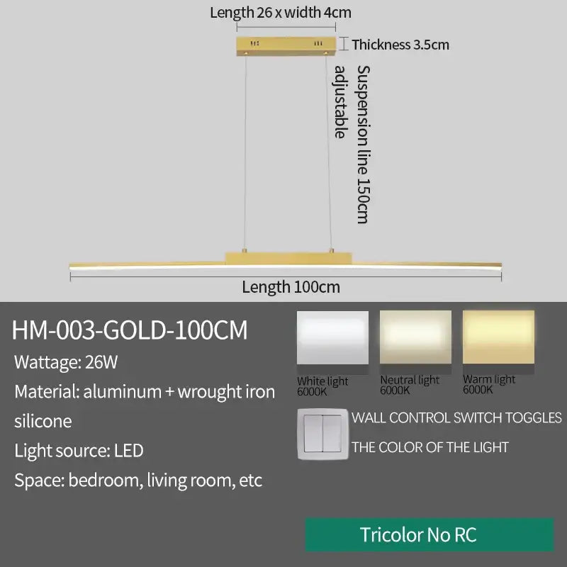 Modern gold minimalist dimmable led pendant light with aluminum and wrought iron design in warm white light source options