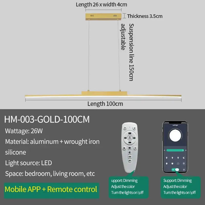 Modern gold minimalist dimmable led pendant light with aluminum and wrought iron frame for dining room light source