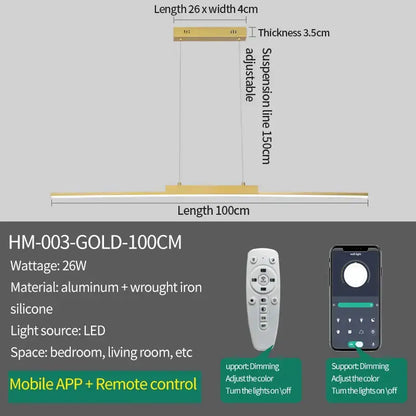 Modern gold minimalist dimmable led pendant light with aluminum and wrought iron frame for dining room light source