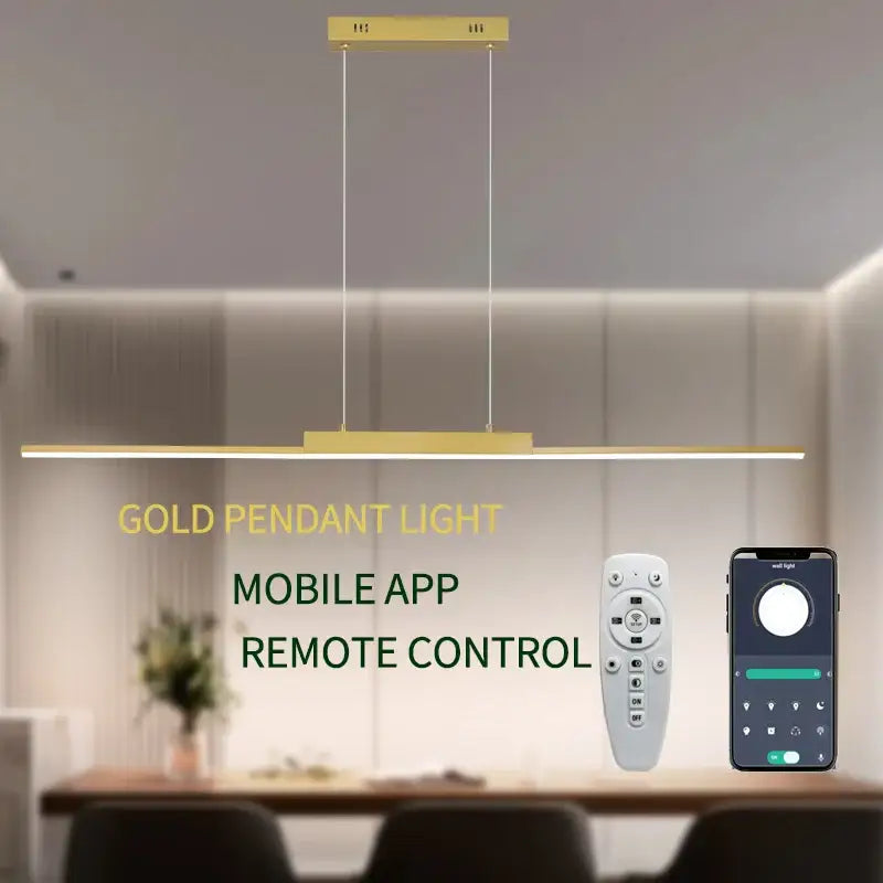 Modern gold minimalist dimmable led pendant light with sleek rectangular design ideal for dining room light source