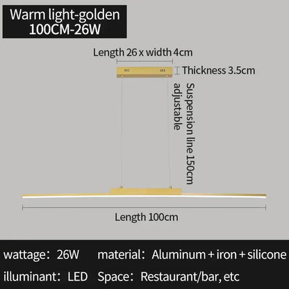 A sleek modern 100cm gold dimmable led pendant light fixture made of aluminum and iron for dining rooms