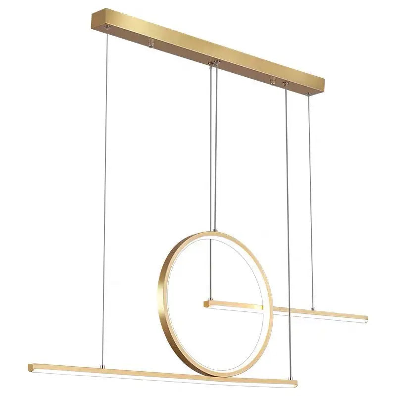 Modern gold-toned minimalist led island pendant light with halo ring and geometric design for dining room suspension