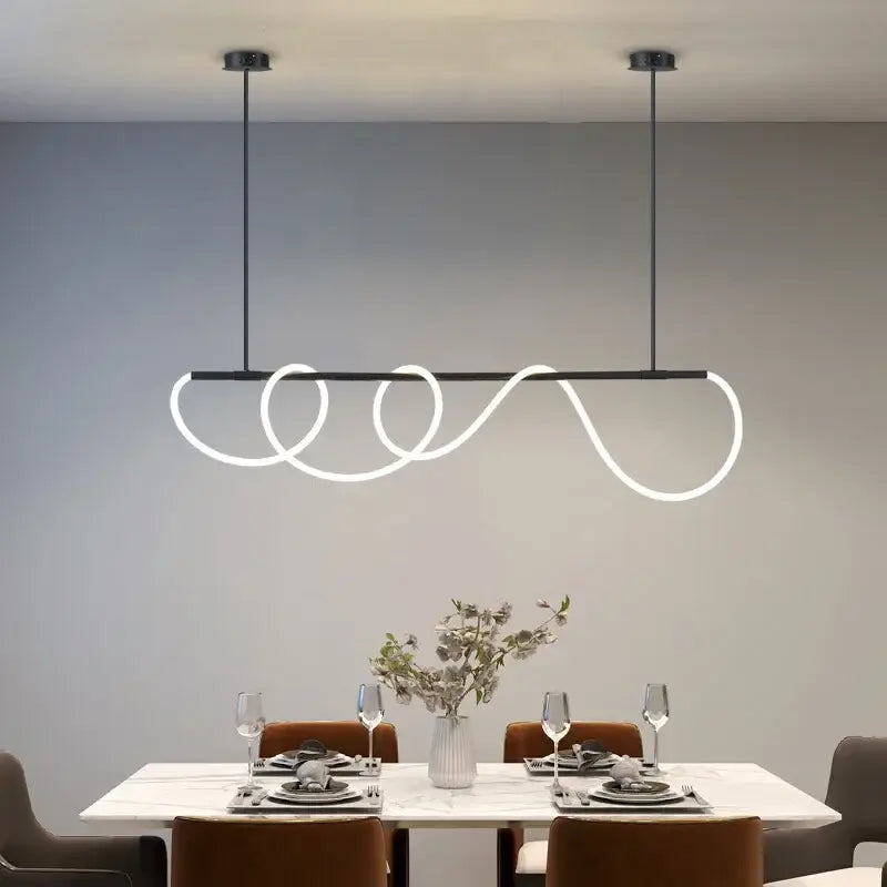 Modern black pendant light with sleek curved white led strip featuring decorbites gold minimalist led neon rope design