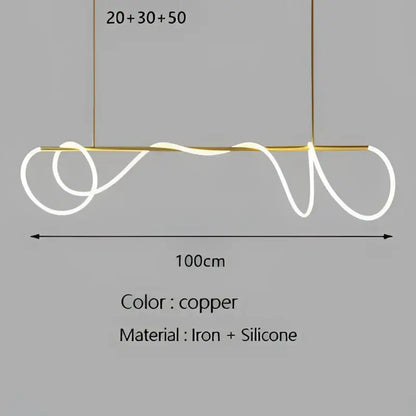 Copper-colored modern pendant light with sleek wavy iron and silicone design for decorbites gold minimalist led decor