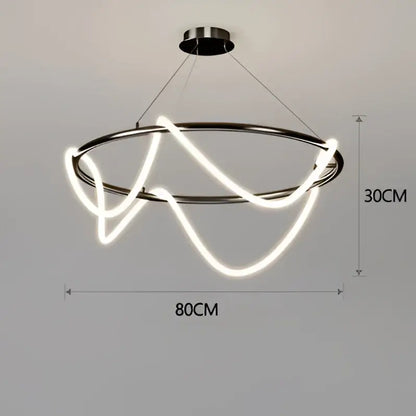 Modern gold minimalist led neon rope pendant light with polished chrome circular frames and elegant wave design