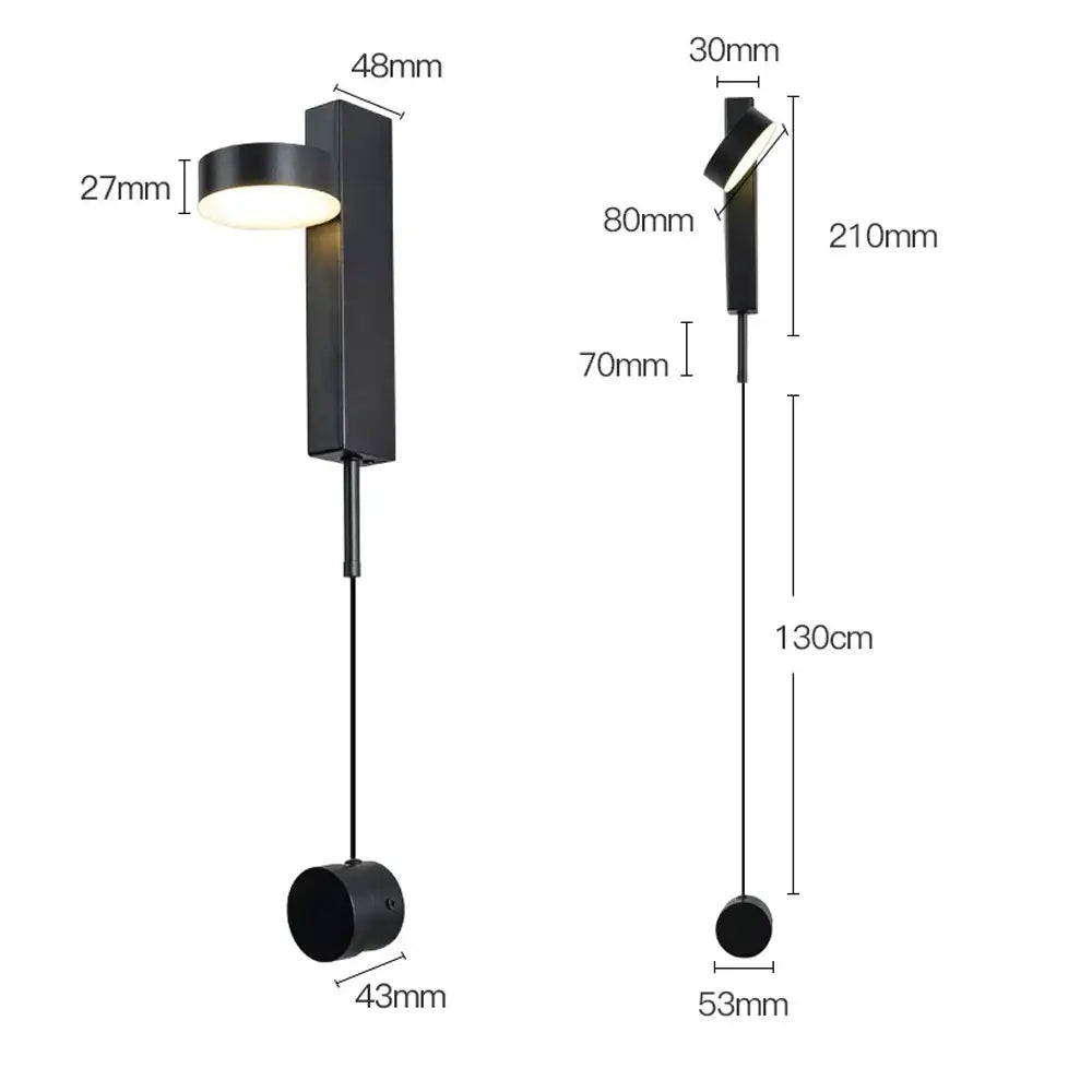 Modern gold minimalist led wall lamp with black rectangular pendant light and circular illuminated head for living room art light