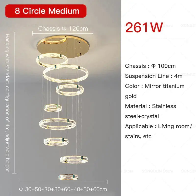 Modern gold multi tier duplex crystal chandelier with eight stainless steel and crystal rings for living room