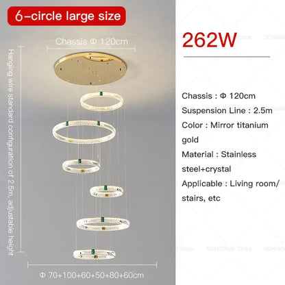 Modern gold duplex crystal chandelier with six descending titanium crystal rings suspended by stainless steel lines for living room