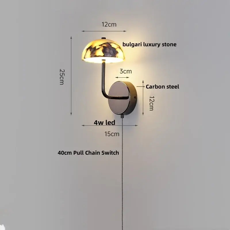 Modern gold mushroom wall lamp with bulgari luxury stone shade and decorbites carbon steel arms for bedroom lighting
