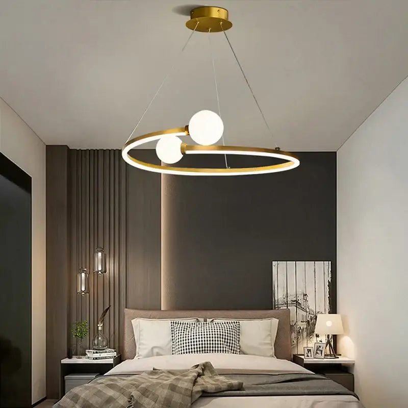 Modern gold nordic ring led chandelier with two white spherical bulbs suspended by thin cords for dining room decorbites gold nordic