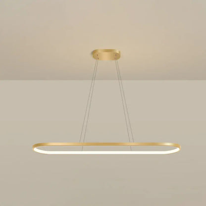 Modern gold pendant light fixture with oval oblong design, chain cord length, integrated led, warm white color for dining room