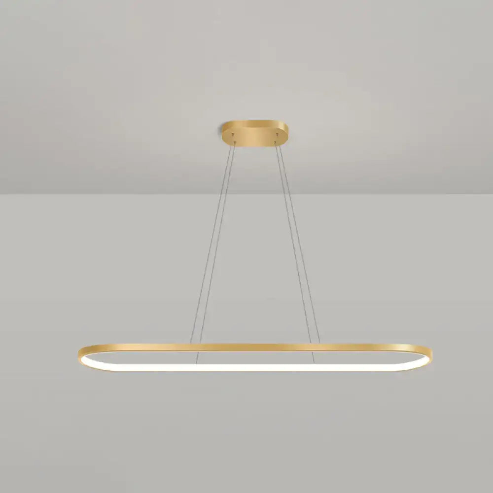 Modern gold oblong pendant light fixture with gold finish, chain cord length, and warm white led strip for dining room