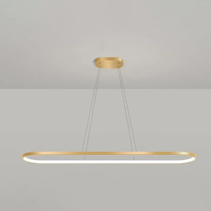 Modern gold oblong pendant light fixture with integrated led strip lighting and adjustable chain cord length in warm white color