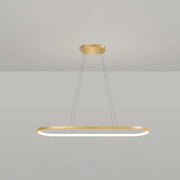 Modern gold oblong pendant light fixture with integrated led lighting and adjustable chain cord length in warm white color