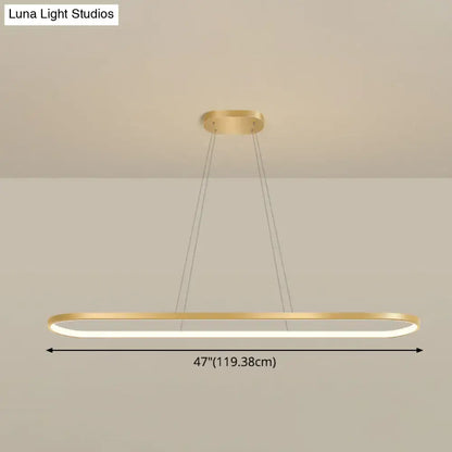 Modern gold oblong pendant light fixture with brushed gold finish, warm white led strip, and adjustable chain cord length