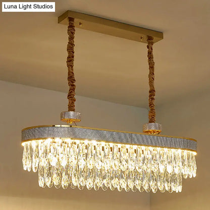 Decorbites golden led island chandelier ceiling light with gold-toned oval frame and cascading oval clear crystal drops