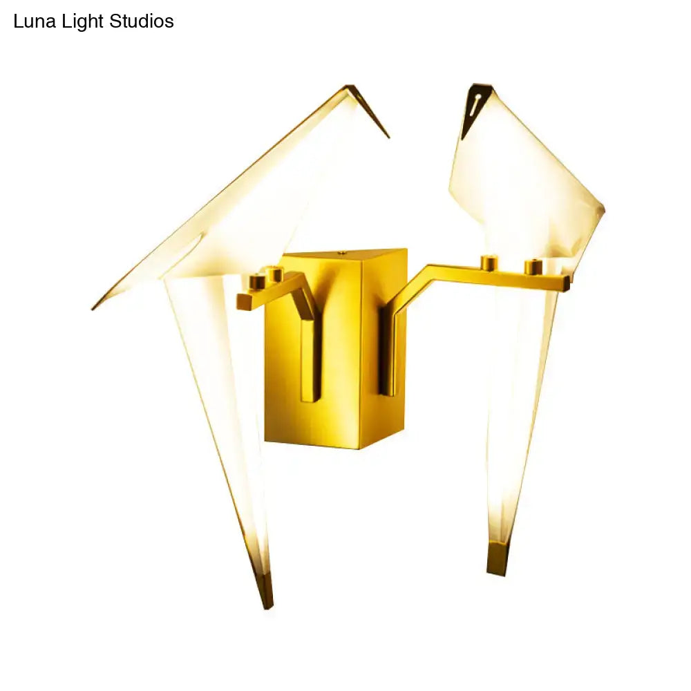 Modern gold paper crane dining room sconce wall lamp with birdie plastic shade and translucent geometric light panels