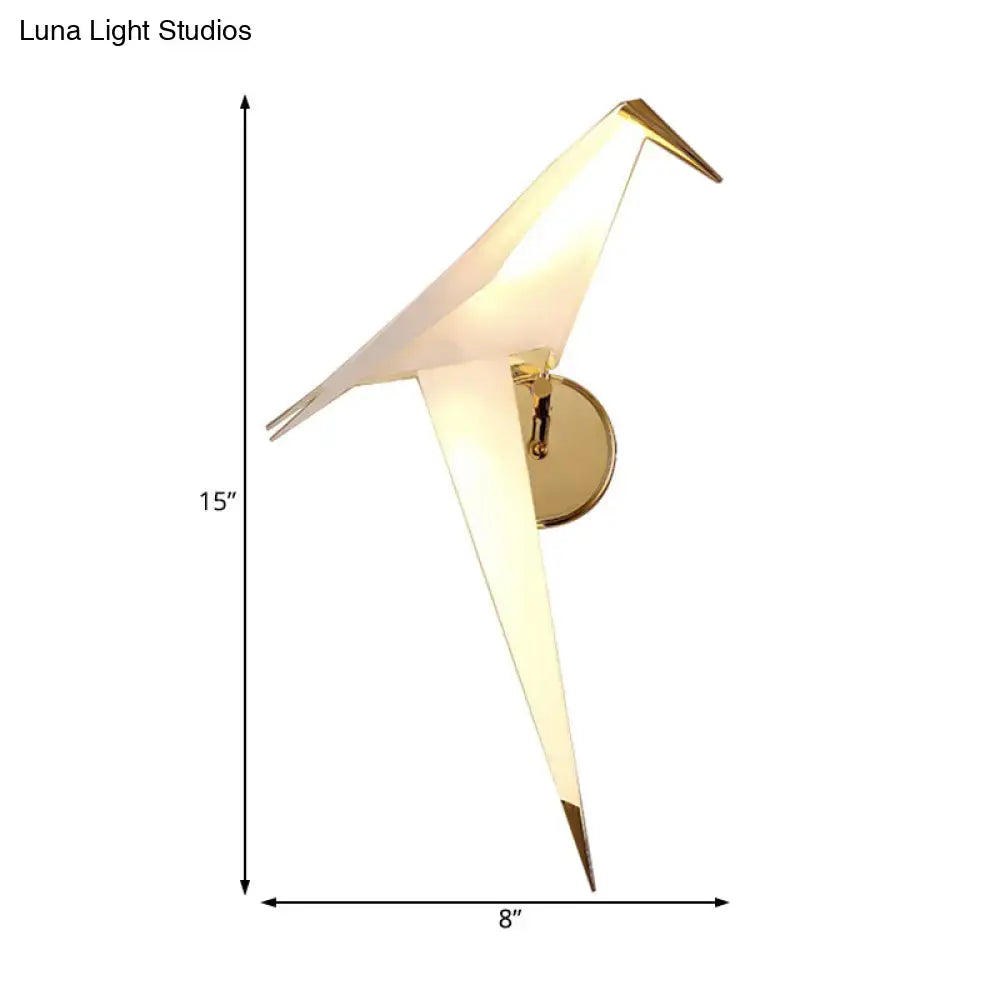 Modern gold paper crane dining room sconce wall lamp with a sleek 15-inch tall white birdie plastic shade and gold accents
