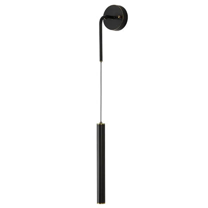 Black cylindrical wall sconce with gold-toned accents in modern gold pendant and wall sconce set for bedroom lighting