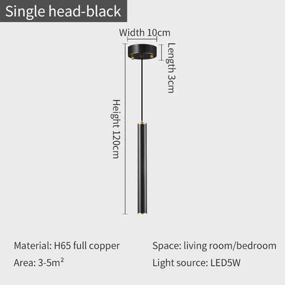 Black single-head pendant light with sleek cylindrical h65 copper design and led 5w bulb in modern gold wall sconce set