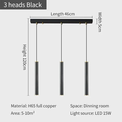 Modern gold pendant and wall sconce set featuring black three-head wall sconce with cylindrical led bulbs and copper construction