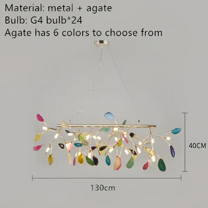 A modern gold pendant chandelier with a metallic frame and colorful agate led accents for dining room decorbites