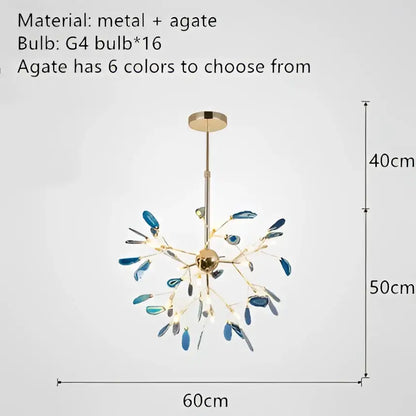 Modern gold pendant chandelier with colorful agate led accents and g4 bulbs for dining room decorbites colorful agate