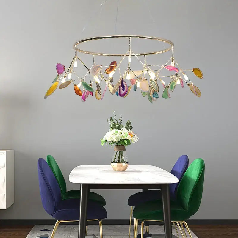 Modern pendant chandelier with circular gold frame and decorbites colorful agate slices for dining room decorbites colorful agate led