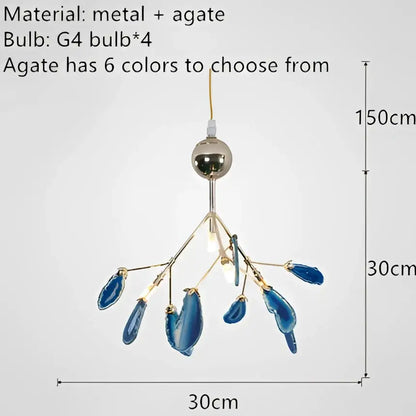 Modern gold pendant chandelier featuring blue decorbites colorful agate with metallic finish and four g4 colorful agate led bulbs