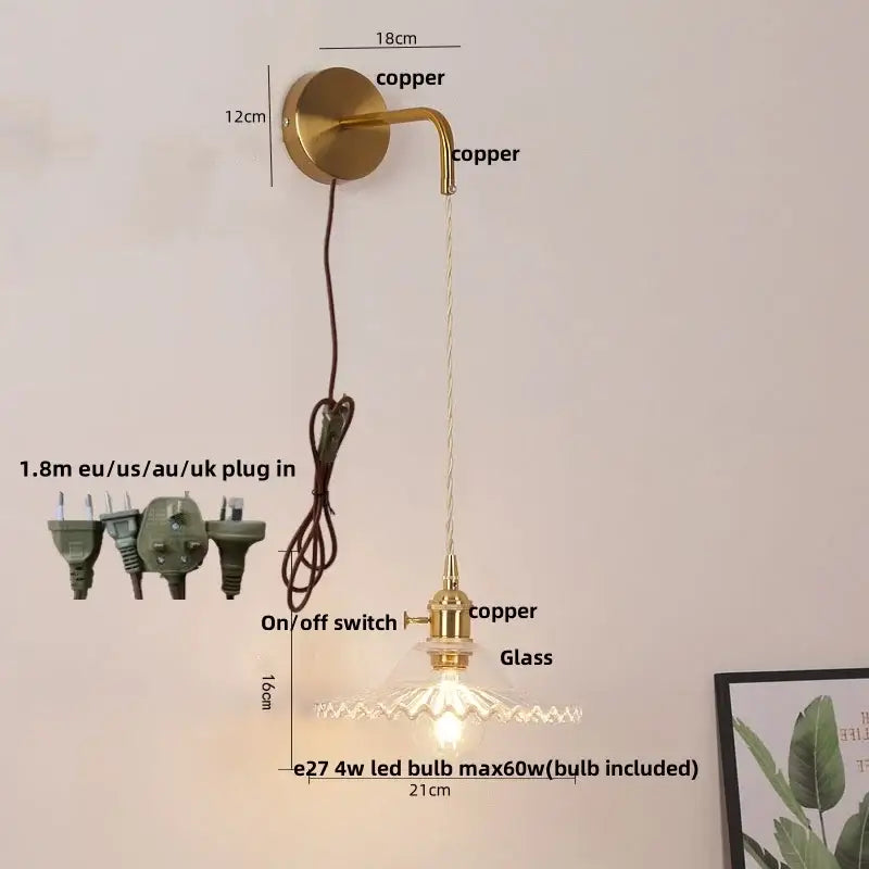 Modern gold copper wall lights with glass shade and pull chain for bedroom decorbites led wall lighting