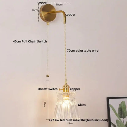 A vintage-style copper wall sconce with clear faceted glass shade and adjustable 70cm wire for led wall lights decorbites
