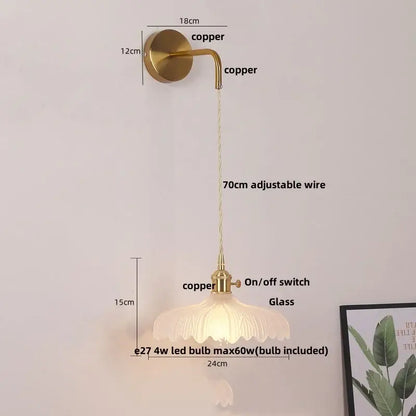 Modern gold petal led wall lights with pull chain featuring a brass copper vintage wall light with frosted glass shade and adjustable wire