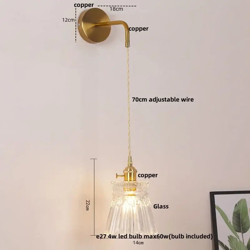 Modern gold petal led wall lights with delicate copper sconce and clear fluted glass shade featuring adjustable wire