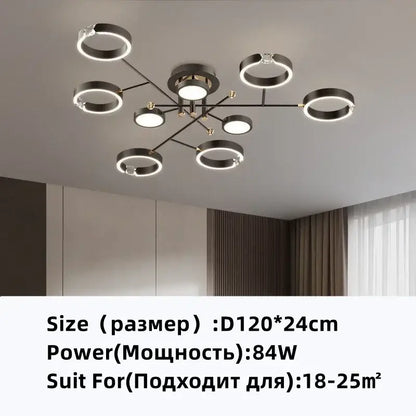 Modern gold plated chandelier with black arms and illuminated circular lights from decorbites gold plated collection