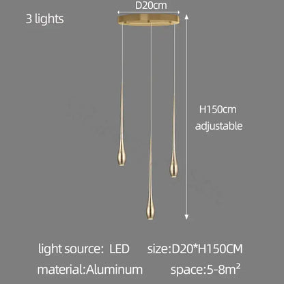 Modern gold-plated led chandelier with three slender teardrop-shaped gold-toned aluminum pendant lights for living room decorbites gold-plated led