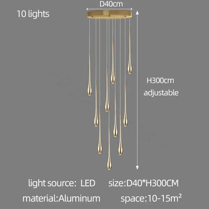 Modern gold-plated led chandelier featuring a gold-toned aluminum pendant with ten teardrop-shaped led lights for living room decor