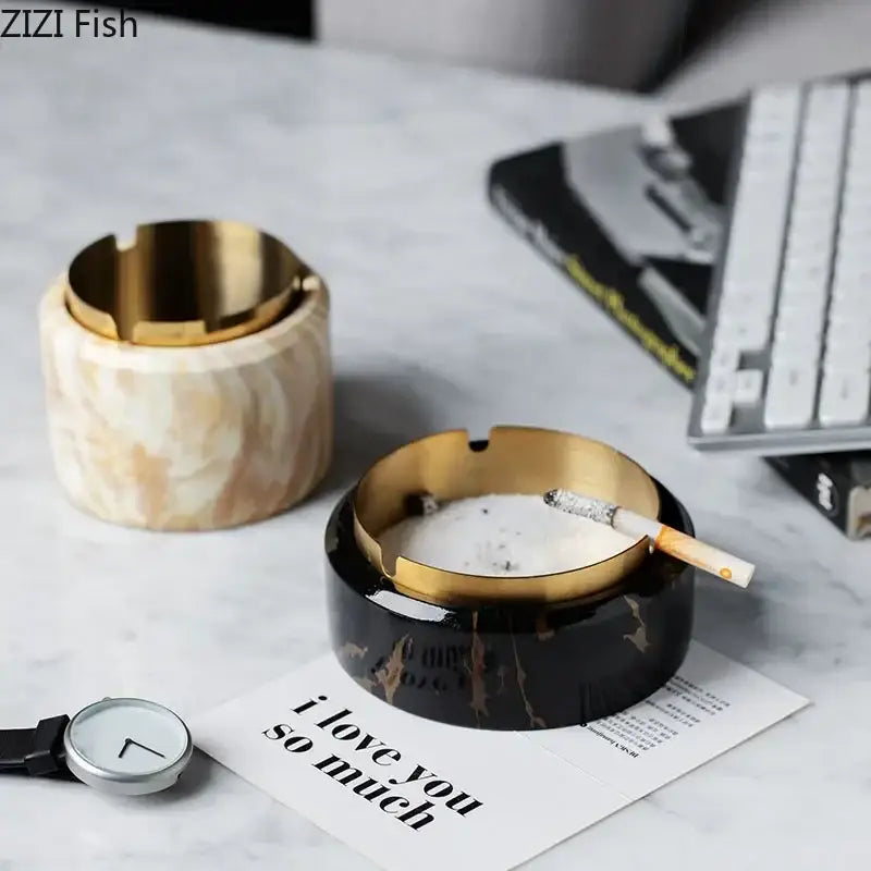 Black and gold marble texture ashtray with gold plated polished brass rim for modern living room decorbites gold plated