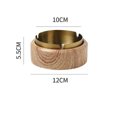 Modern gold plated ashtray with marble texture base and wood grain finish featuring four notched cigarette rests decorbites gold plated