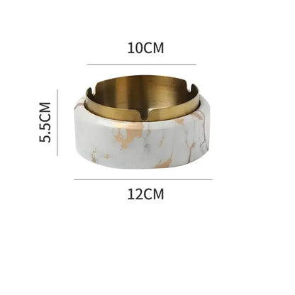 Modern gold plated marble texture ashtray with white marble pattern and gold toned metal rim for living room decorbites gold plated