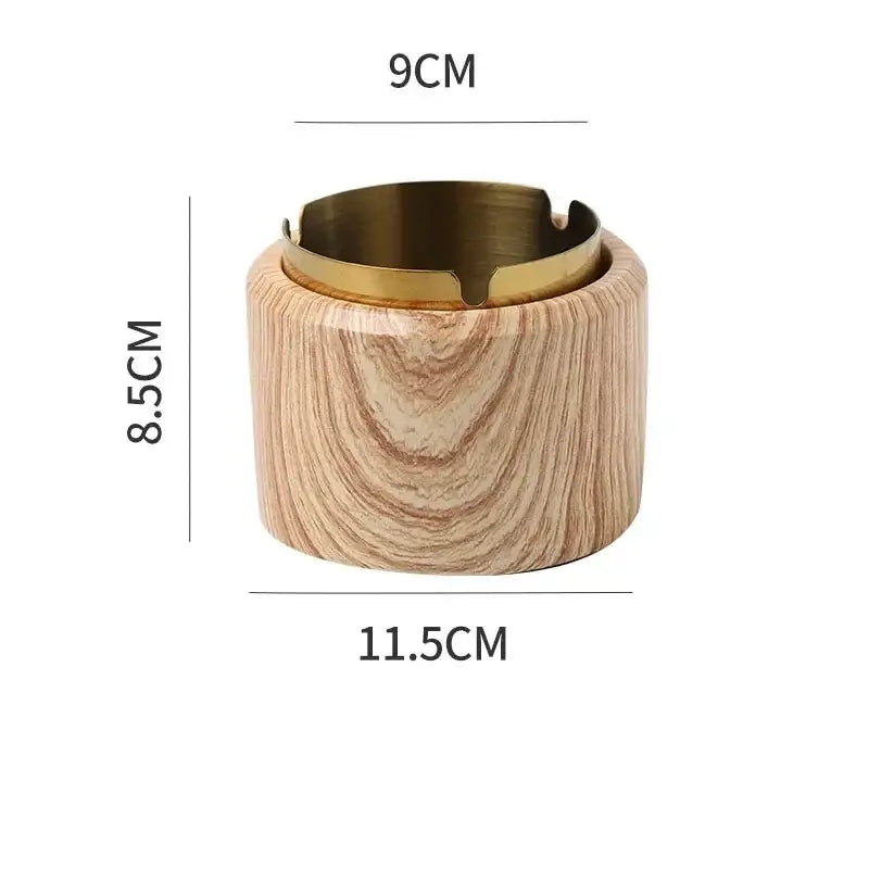 Modern gold plated ashtray with wood grain body and brass rim featuring marble texture decorbites gold plated design