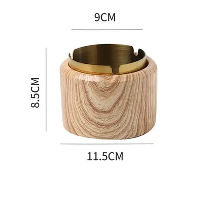 Modern gold plated ashtray with wood grain body and brass rim featuring marble texture decorbites gold plated design