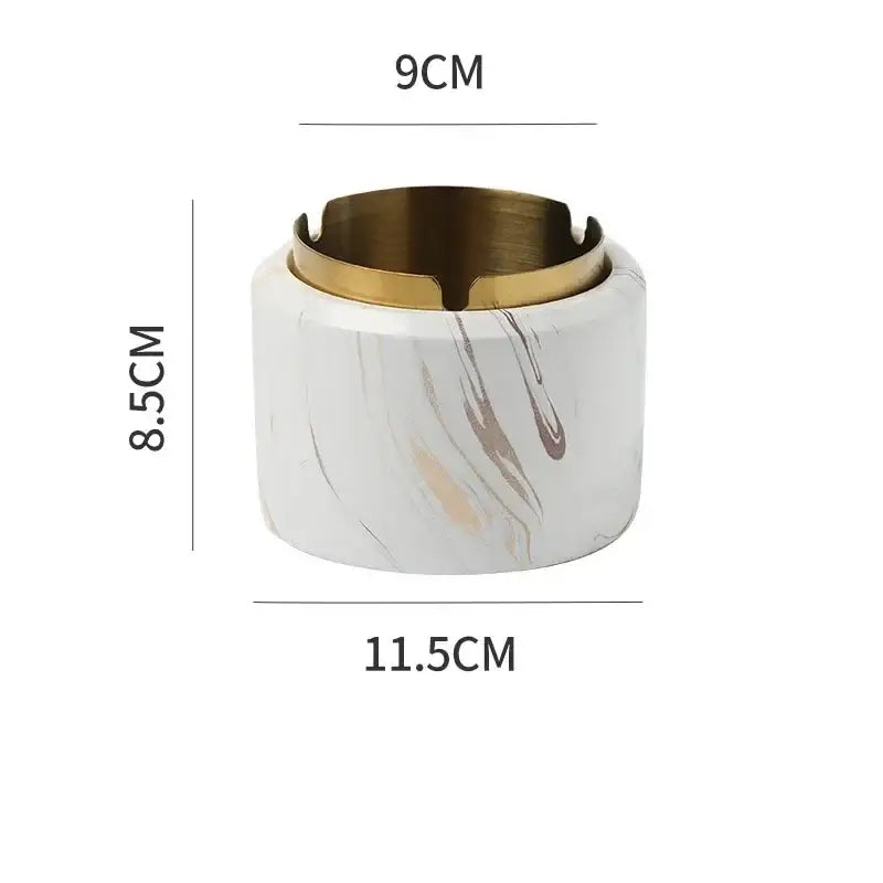 Modern gold plated marble texture ashtray featuring a white marble pattern with a gold plated metal rim for decorbites