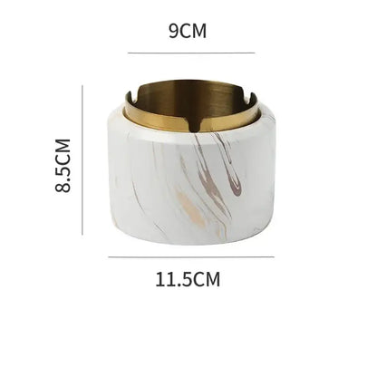 Modern gold plated marble texture ashtray featuring a white marble pattern with a gold plated metal rim for decorbites