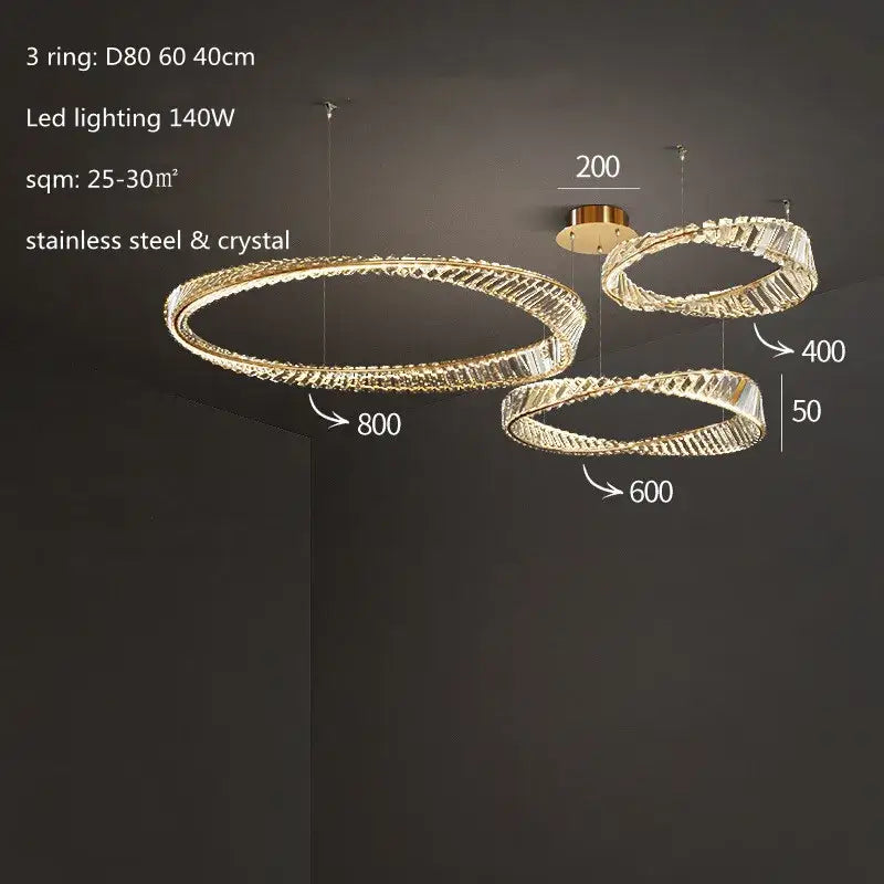 Modern three-ring pendant lamp with gold plated steel rings and crystal accents for dining room decorbites gold plated style