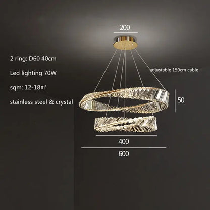 Modern gold plated steel double-ring pendant lamp with faceted crystal accents for dining room decorbites gold plated steel