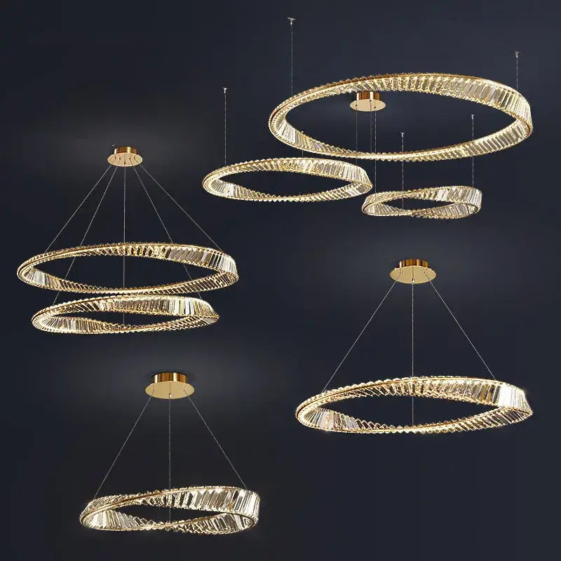 Modern gold plated steel ring pendant lamp with layered crystal design for dining room decorbites gold plated style