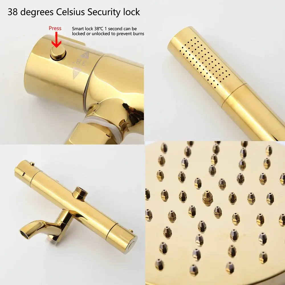 Modern decorbites gold plated thermostatic shower set with rainhead and temperature lock for bathroom use