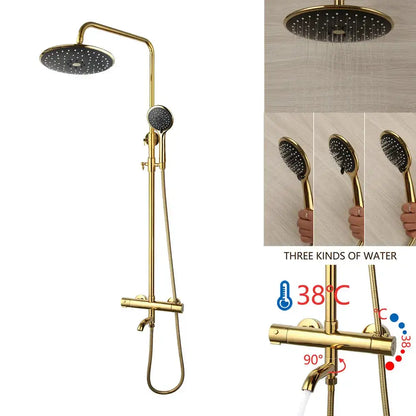 Modern gold plated thermostatic shower set with large rainhead handheld spray and three water modes for bathroom decorbites gold plated