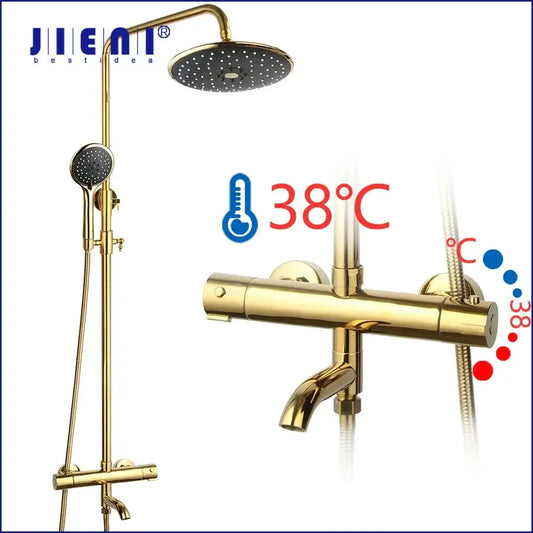 Modern gold plated jiemi shower set with plated thermostatic controls and round rainhead for bathroom decorbites gold plated style