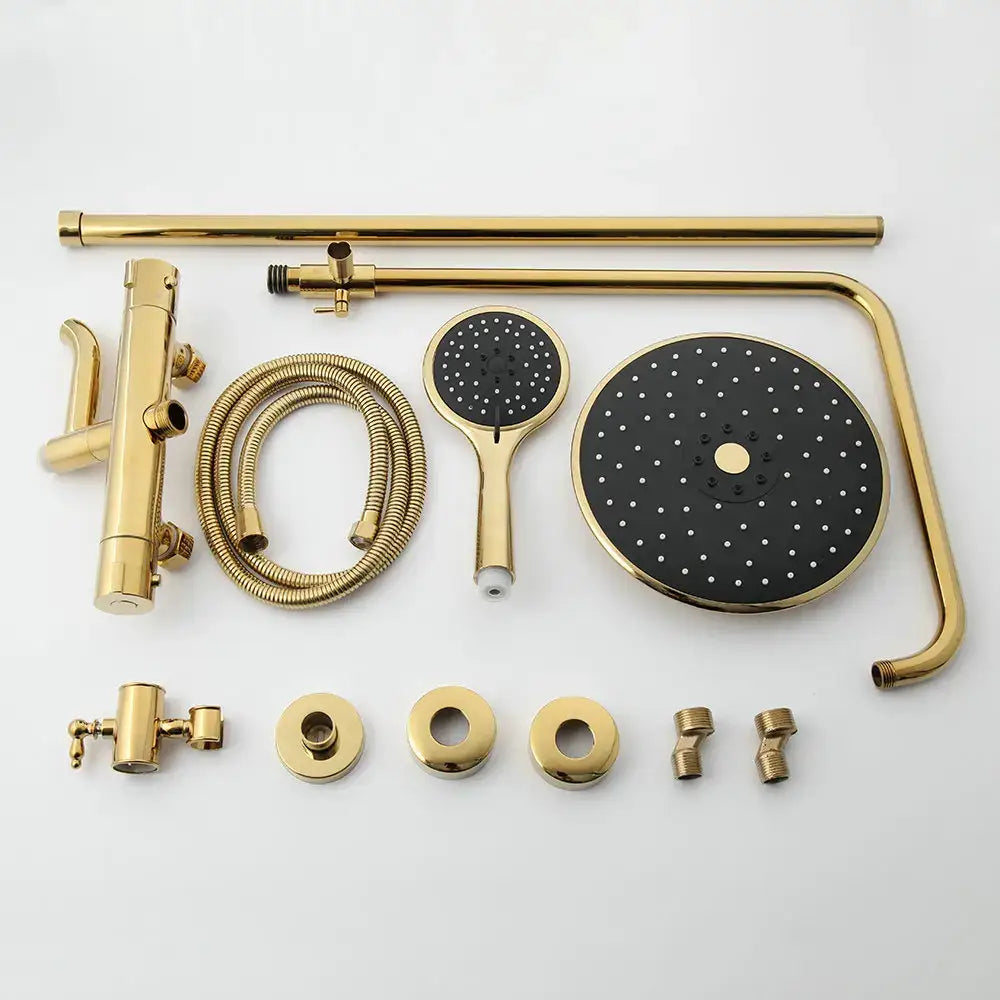 Modern gold plated thermostatic shower set with round rainhead and black perforated handheld decorbites gold plated